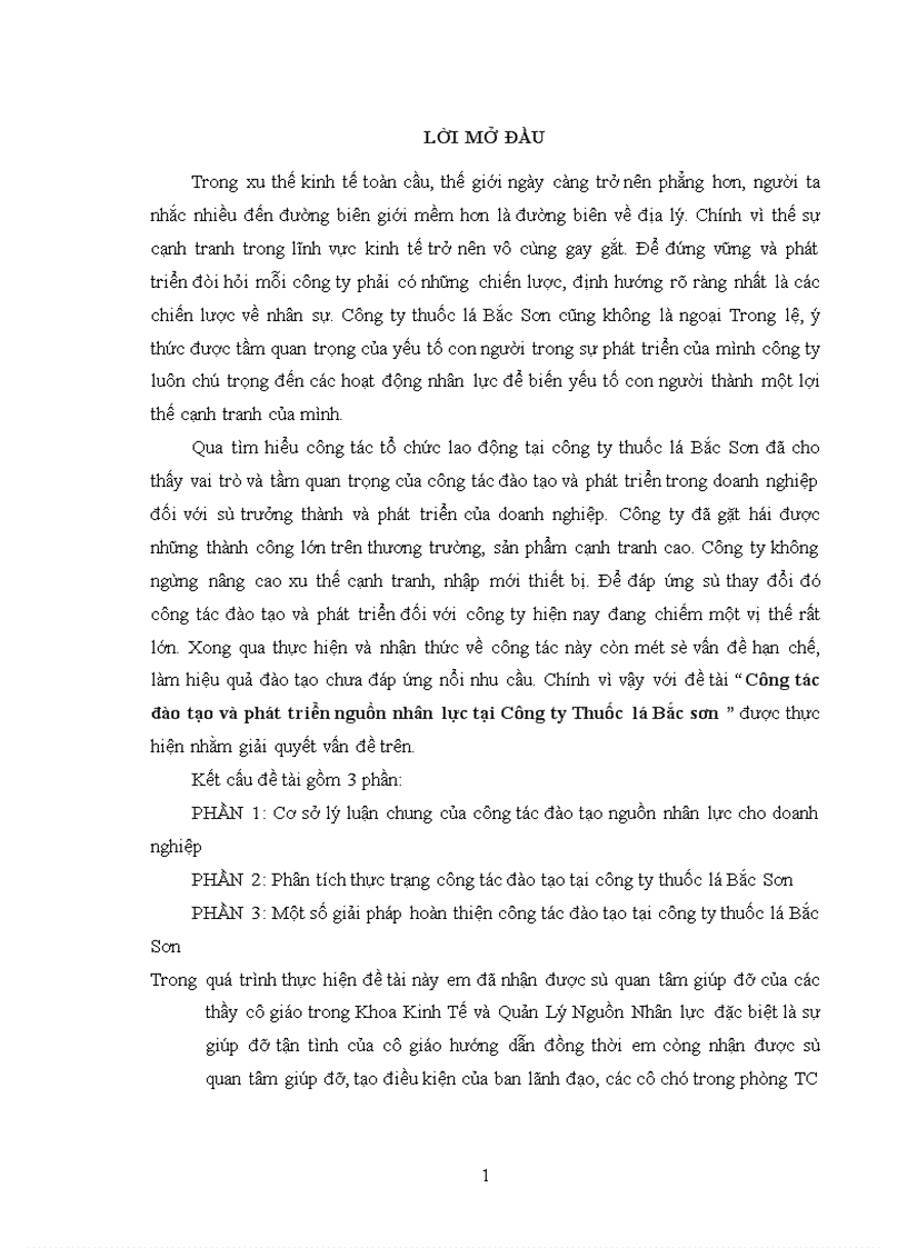 Công tác đào tạo và phát triển nguồn nhân lực tại Công ty Thuốc lá Bắc sơn 1