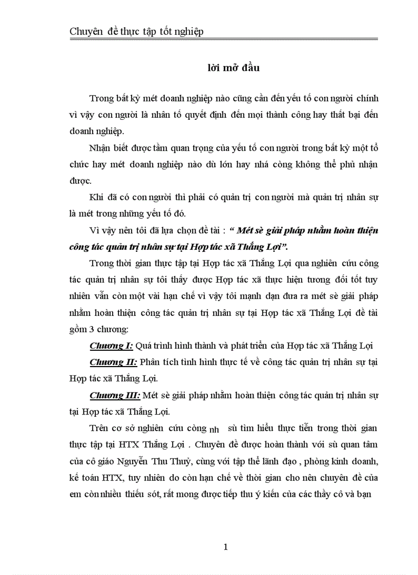 Một số giải pháp nhằm hoàn thiện công tác quản trị nhân sự tại Hợp tác xã Thắng Lợi 1