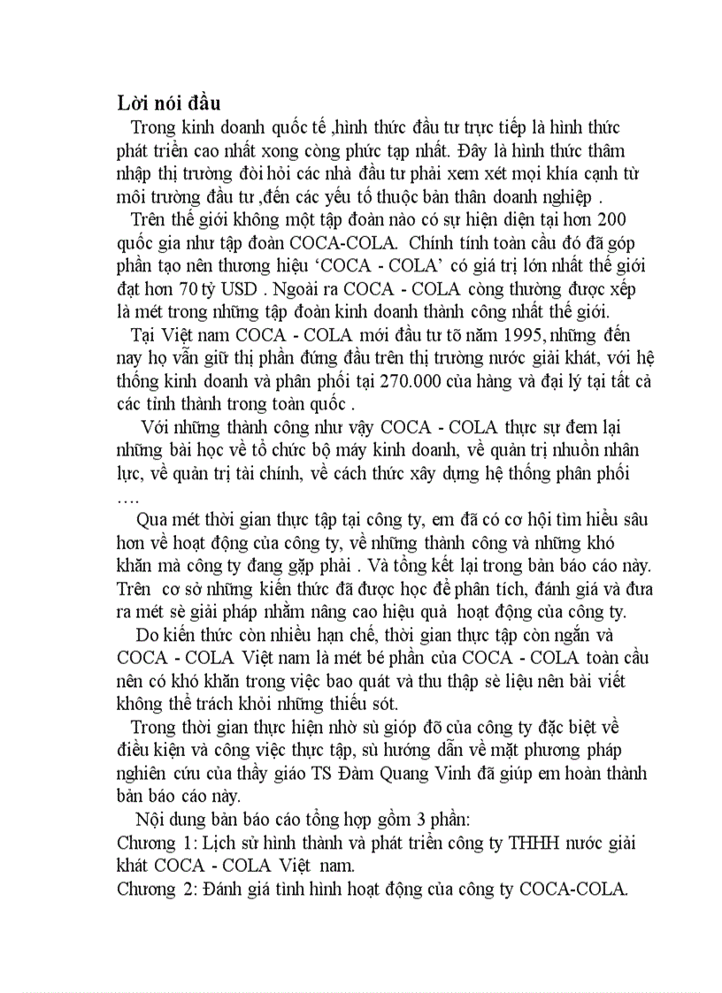 Đánh giá tình hình hoạt động của công ty COCA COL