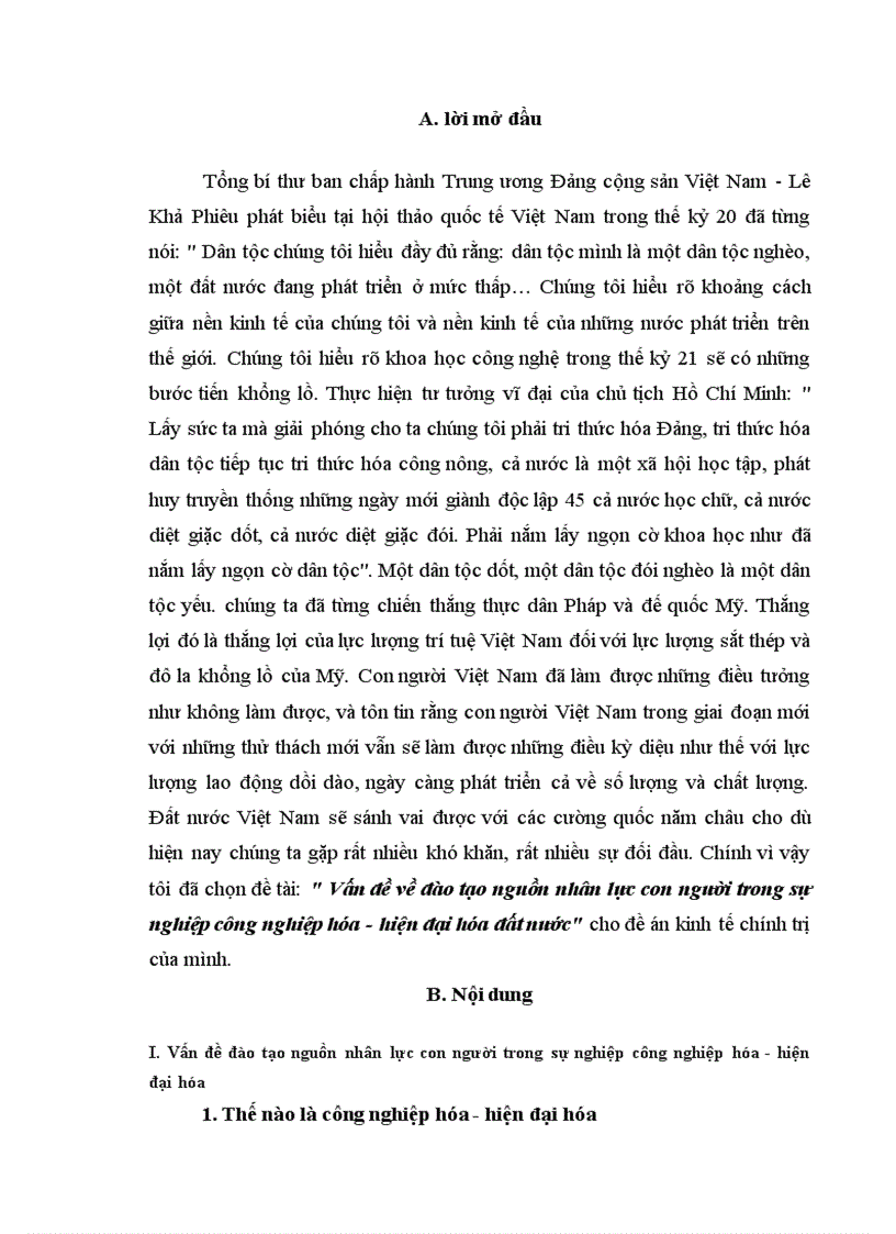 Vấn đề về đào tạo nguồn nhân lực con người trong sự nghiệp công nghiệp hóa hiện đại hóa đất nước 1