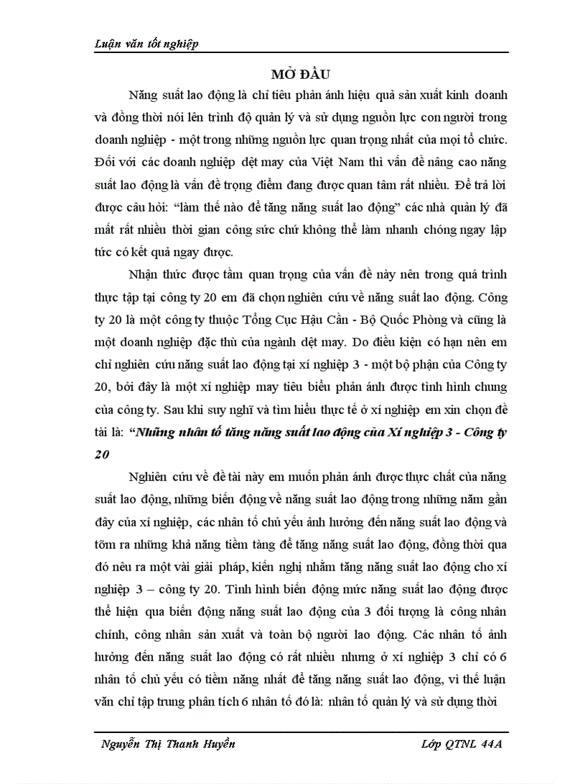 Những nhân tố tăng năng suất lao động của Xí nghiệp 3 Công ty 20 1