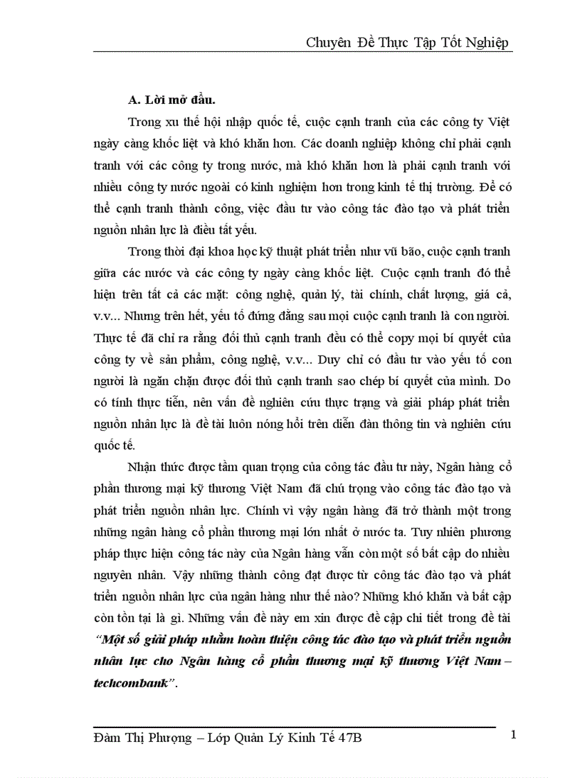 Một số giải pháp nhằm hoàn thiện công tác đào tạo và phát triển nguồn nhân lực cho Ngân hàng cổ phần thương mại kỹ thương Việt Nam techcombank 1