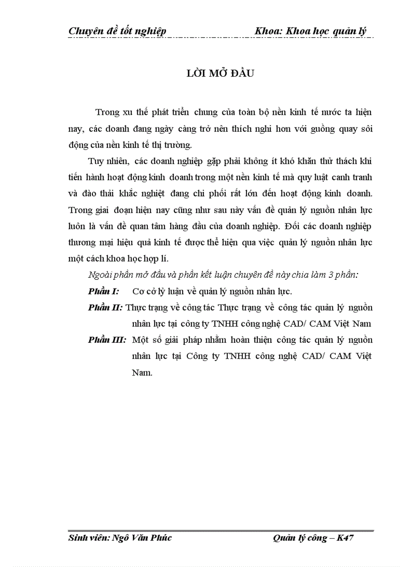 Một số giải pháp nhằm hoàn thiện công tác quản lý nguồn nhân lực tại Công ty TNHH công nghệ CAD