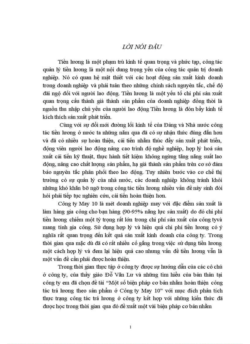 Một số biện pháp cơ bản nhằm hoàn thiện công tác trả lương theo sản phẩm ở Công ty May 10 1