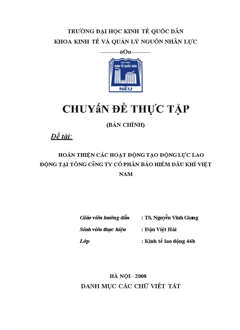 Hoàn thiện các hoạt động tạo động lực lao động tại Tổng công ty cổ phần bảo hiểm dầu khí Việt nam 1