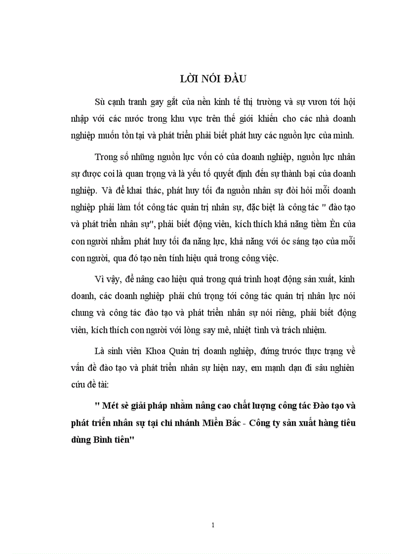 Một số giải pháp nhằm nâng cao chất lượng công tác Đào tạo và phát triển nhân sự tại chi nhánh Miền Bắc Công ty sản xuất hàng tiêu dùng Bình tiên 1