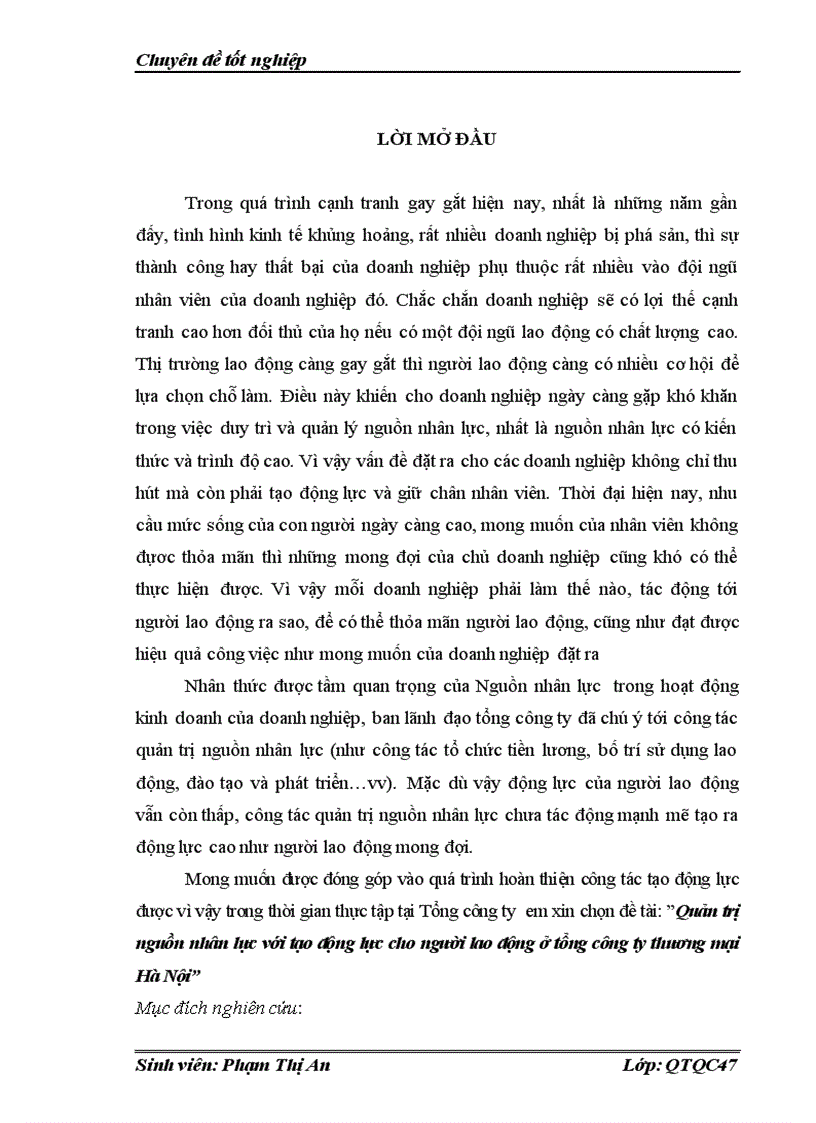 Quản trị nguồn nhân lực với tạo động lực cho người lao động ở tổng công ty thương mại Hà Nội 1