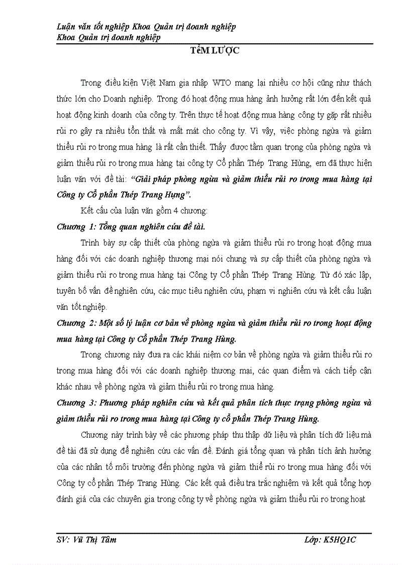Giải pháp phòng ngừa và giảm thiểu rủi ro trong mua hàng tại Công ty Cổ phần Thép Trang Hùng 1