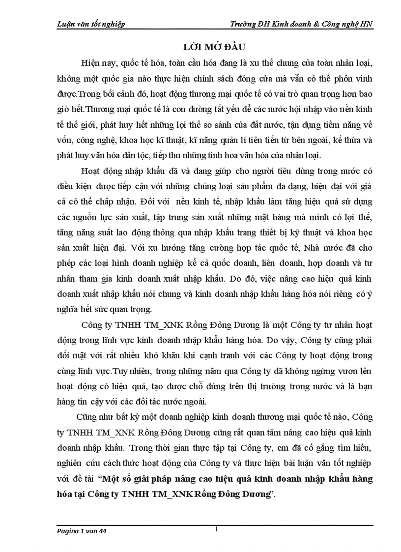Một số giải pháp nâng cao hiệu quả kinh doanh nhập khẩu hàng hóa tại Công ty TNHH TM_XNK Rồng Đông Dương