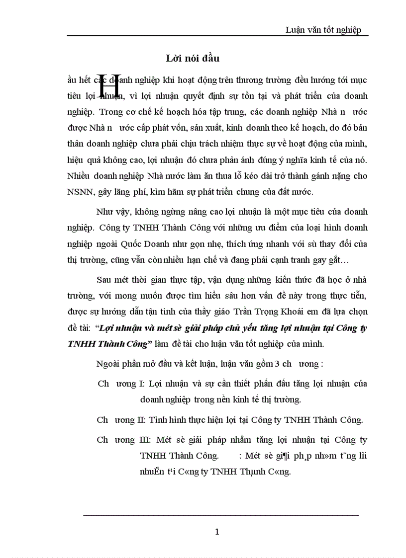 Lợi nhuận và một số giải pháp chủ yếu tăng lợi nhuận tại Công ty TNHH Thành Công 1