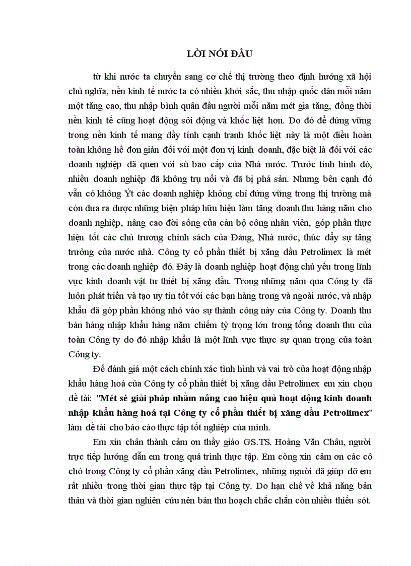 Một số giải pháp nhằm nâng cao hiệu quả hoạt động kinh doanh nhập khẩu hàng hoá tại Công ty cổ phần thiết bị xăng dầu Petrolimex