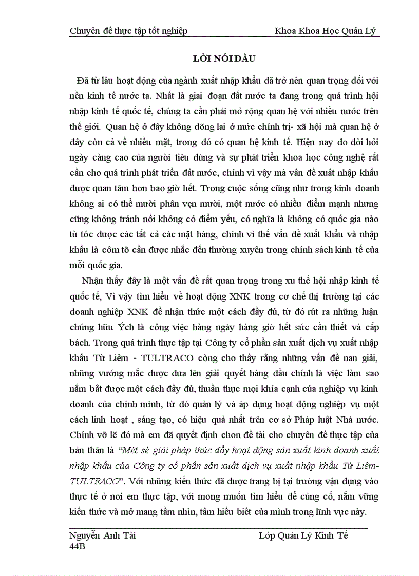 Một số giải pháp thúc đẩy hoạt động sản xuất kinh doanh xuất nhập khẩu của Công ty cổ phần sản xuất dịch vụ xuất nhập khẩu Từ Liêm TULTRACO 1