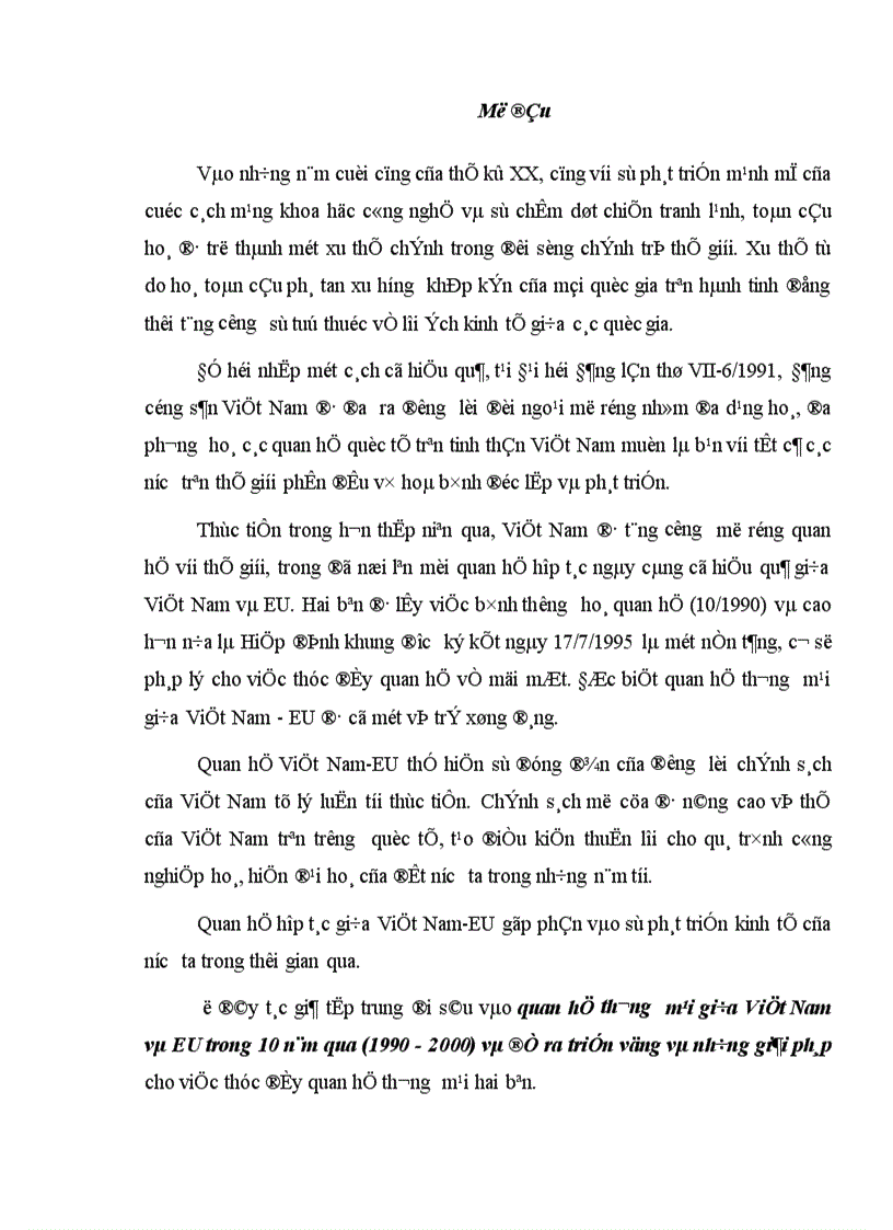 Quan hệ thương mại giữa Việt Nam và EU trong 10 năm qua 1990 2000 và đề ra triển vọng và những giải pháp