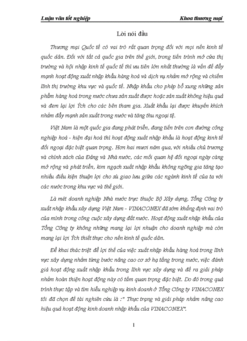 Thực trạng và giải pháp nhằm nâng cao hiệu quả hoạt động kinh doanh nhập khẩu của VINACONEX 1