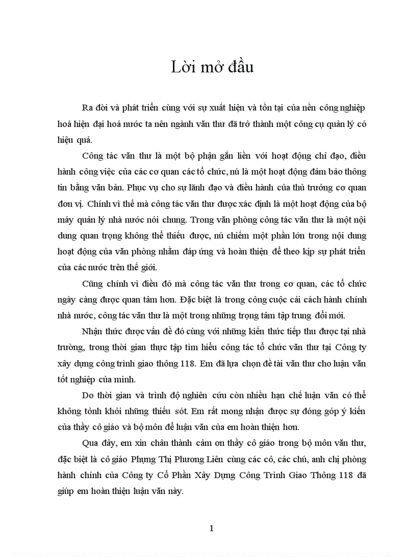 Một số ý kiến nhằm hoàn thiện công tác thư ký văn thư lưư trữ của công ty Cổ phần XD CTGT 118