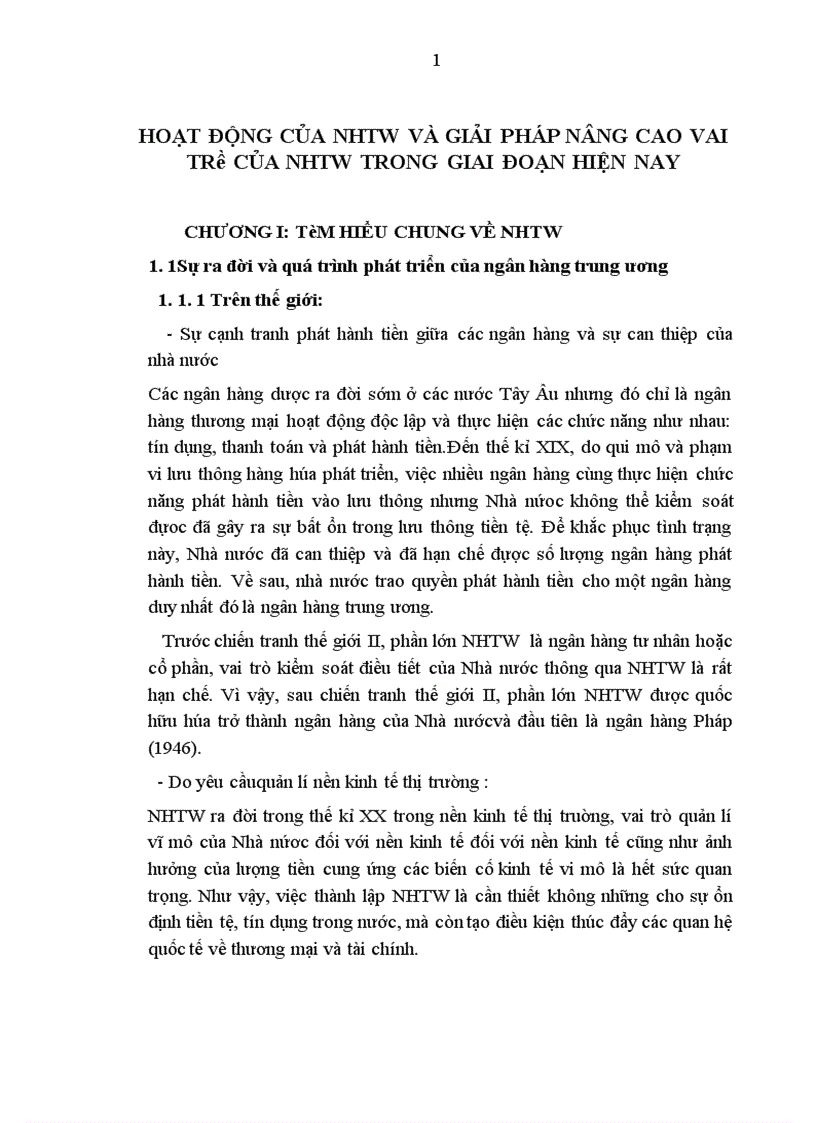 Hoạt động của nhtw và giải pháp nâng cao vai trò của nhtw trong giai đoạn hiện nay
