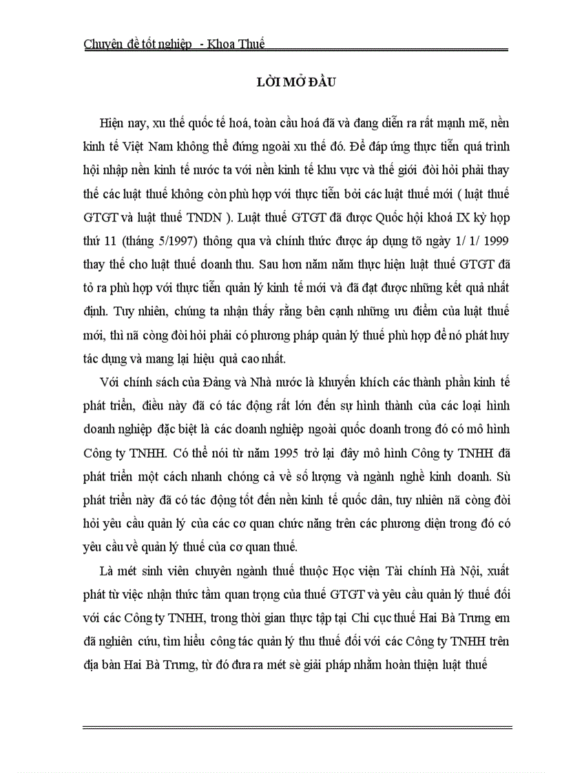 Một số giải pháp nhằm tăng cường công tác quản lý thu thuế GTGT đối với các Công ty TNHH trên địa bàn quận Hai Bà Trưng