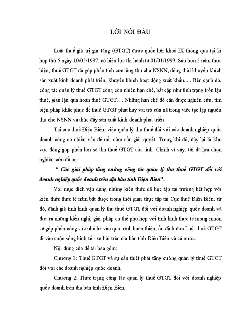 Các giải pháp tăng cường công tác quản lý thu thuế GTGT đối với doanh nghiệp quốc doanh trên địa bàn tỉnh Điện Biên 1