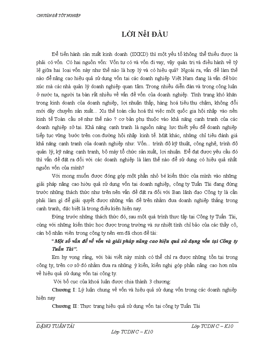 Một số vấn đề về vốn và giải pháp nâng cao hiệu quả sử dụng vốn tại Công ty Tuấn Tài