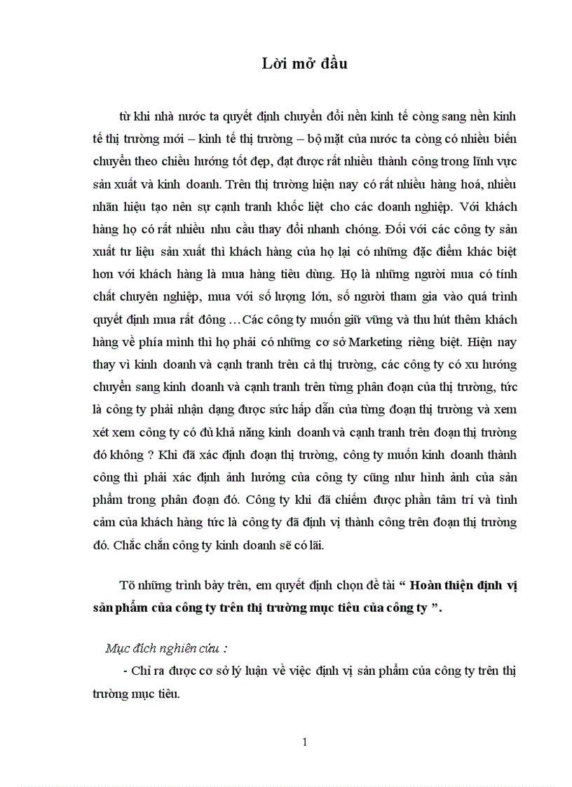 Hoàn thiện định vị sản phẩm của công ty trên thị trường mục tiêu của công ty