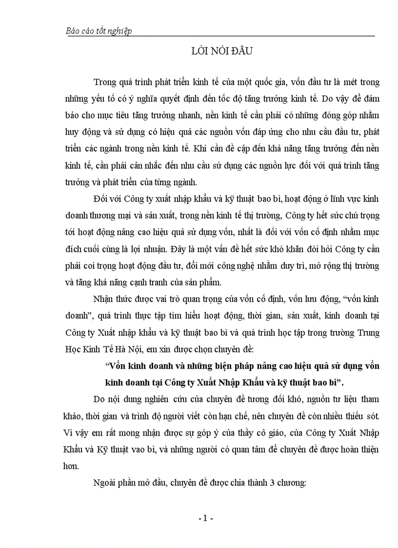Vốn kinh doanh và những biện pháp nâng cao hiệu quả sử dụng vốn kinh doanh tại Công ty Xuất Nhập Khẩu và kỹ thuật bao bì 1