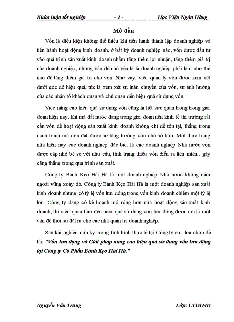 Vốn lưu động và Giải pháp nâng cao hiệu quả sử dụng vốn lưu động tại Công ty Cổ Phần Bánh Kẹo Hải Hà 1
