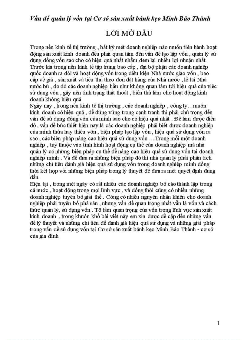 Vấn đề quản lý vốn tại Cơ sỏ sản xuất bánh kẹo Minh Bảo Thành 1