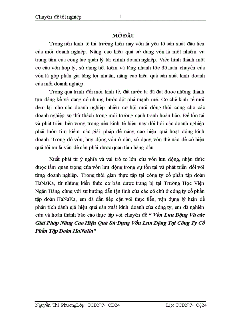 Vốn Lưu Động Và các Giải Pháp Nâng Cao Hiệu Quả Sử Dụng Vốn Lưu Động Tại Công Ty Cổ Phần Tập Đoàn HaNaKa 1