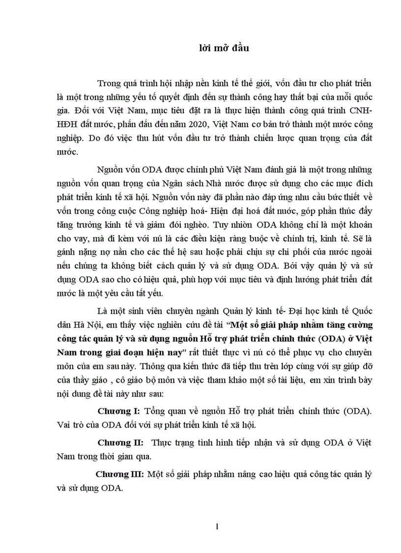 Một số giải pháp nhằm tăng cường công tác quản lý và sử dụng nguồn Hỗ trợ phát triển chính thức ODA ở Việt Nam trong giai đoạn hiện nay