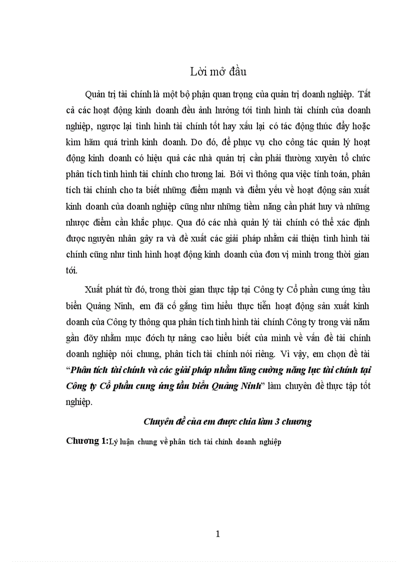 Phân tích tài chính và các giải pháp nhằm tăng cường năng lực tài chính tại Công ty Cổ phần cung ứng tầu biển Quảng Ninh 1