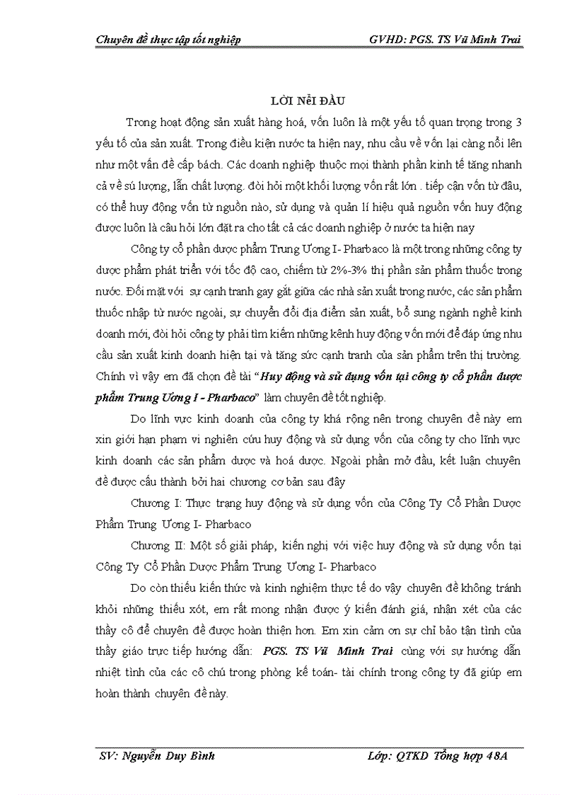 Huy động và sử dụng vốn tại công ty cổ phần dược phẩm Trung Ương I Pharbaco
