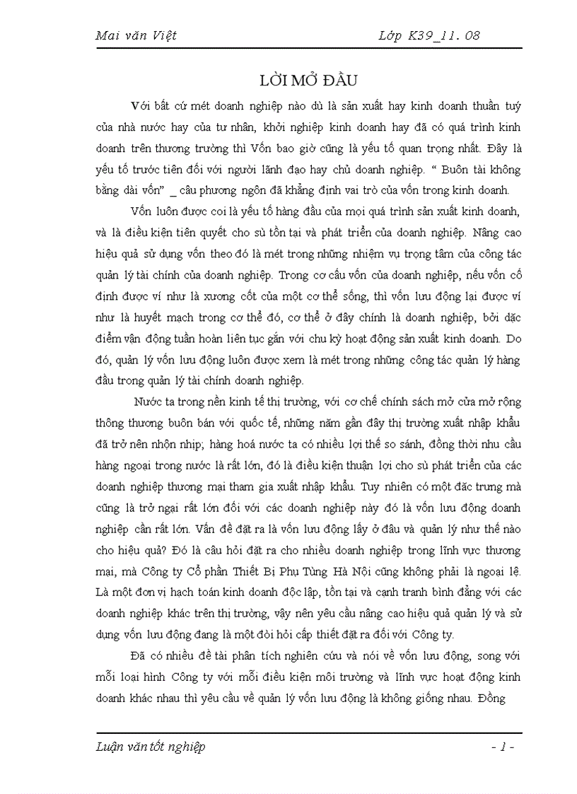 Vốn lưu động và các giải pháp nhằm nâng cao hiệu quả tổ chức quản lý và sử dụng vốn lưu động tại Công ty Cổ phần Thiết Bị Phụ Tùng Hà Nội 1
