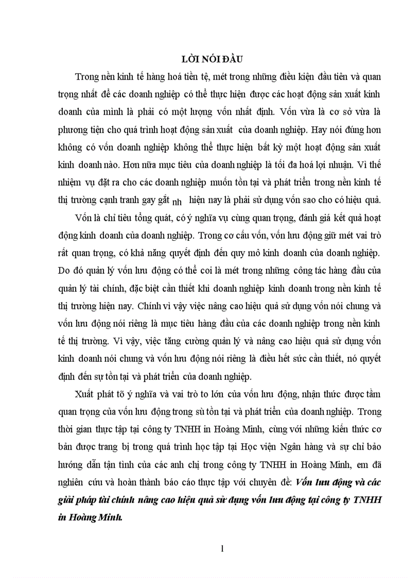Vốn lưu động và các giải pháp tài chính nâng cao hiệu quả sử dụng vốn lưu động tại công ty TNHH in Hoàng Minh 1