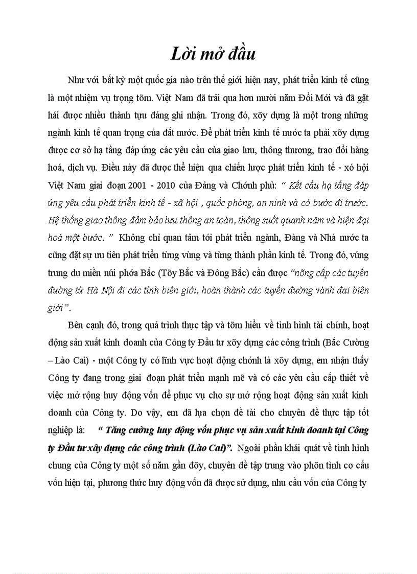 Tăng cường huy động vốn phục vụ sản xuất kinh doanh tại Công ty Đầu tư xây dựng các công trình Lào Cai 1
