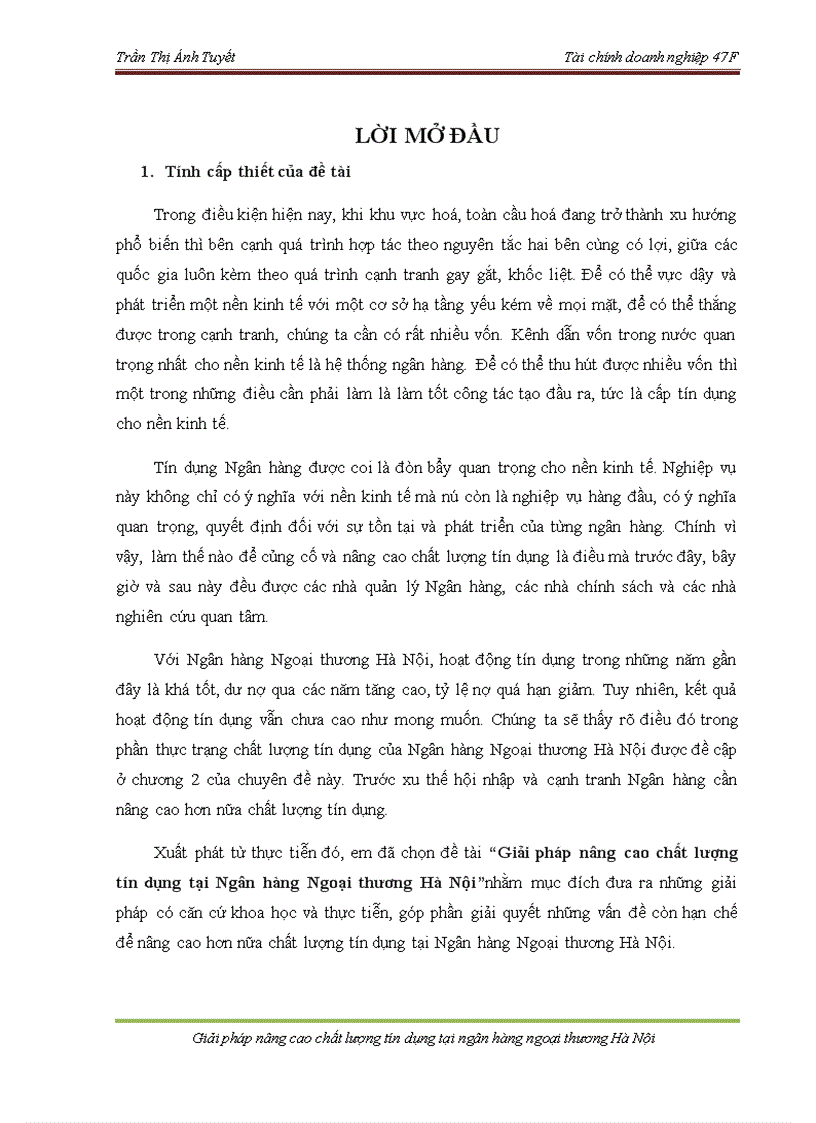 Giải pháp nâng cao chất lượng hoạt động tín dụng tại Ngân hàng Ngoại thương Hà Nội