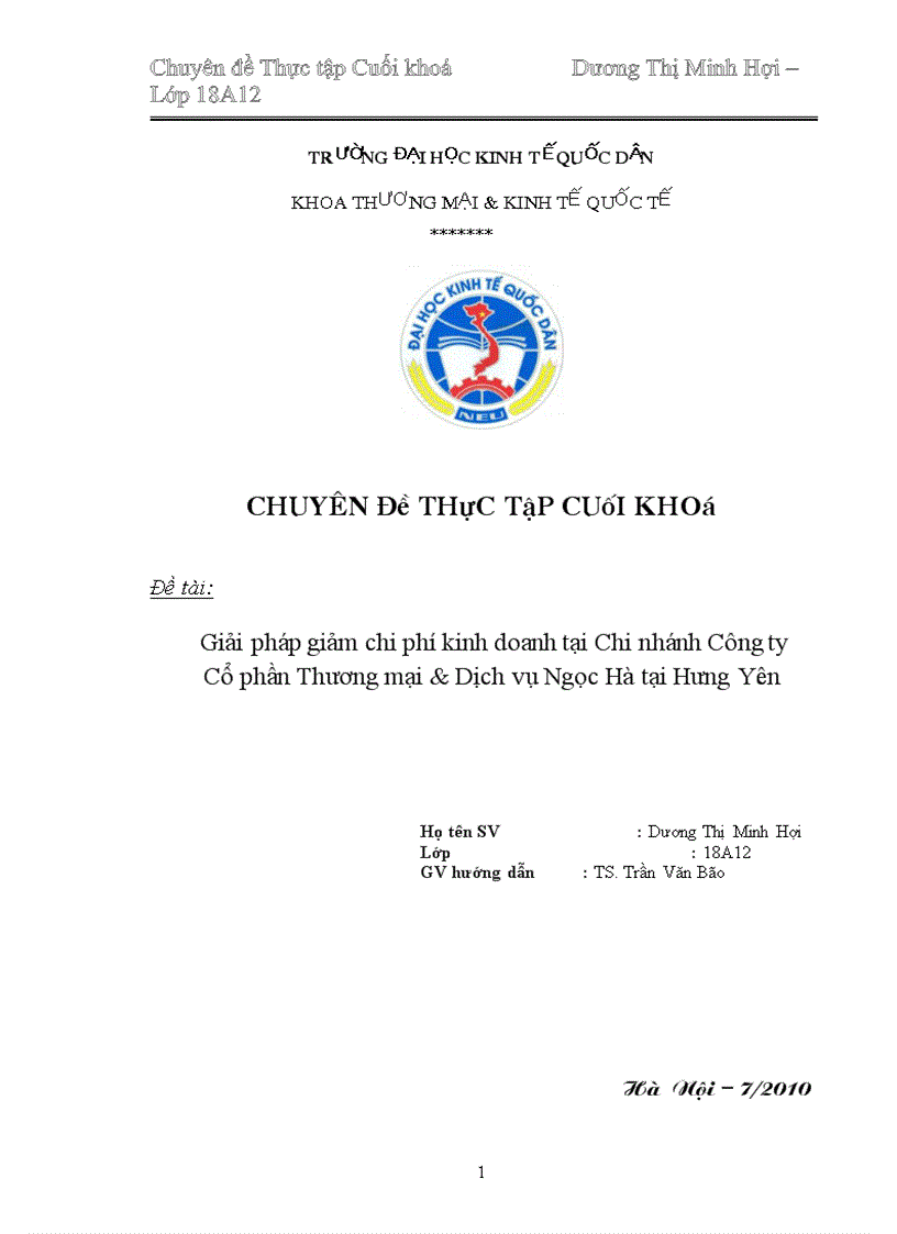 Giải pháp giảm chi phí kinh doanh tại Chi nhánh Công ty CP TM DV Ngọc Hà tại Hưng Yên