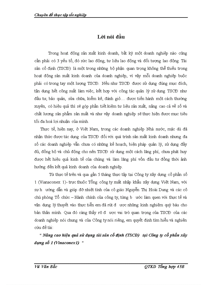 Nâng cao hiệu quả sử dụng tài sản cố định TSCĐ tại Công ty cổ phần xây dựng số 1 Vinaconex1 1