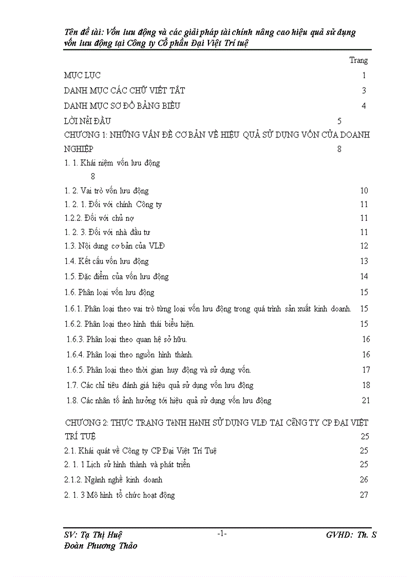 Vốn lưu động và các giải pháp Tài chính nâng cao hiệu quả sử dụng vốn lưu động tại Công ty Cố phần Đại Việt Trí Tuệ 1
