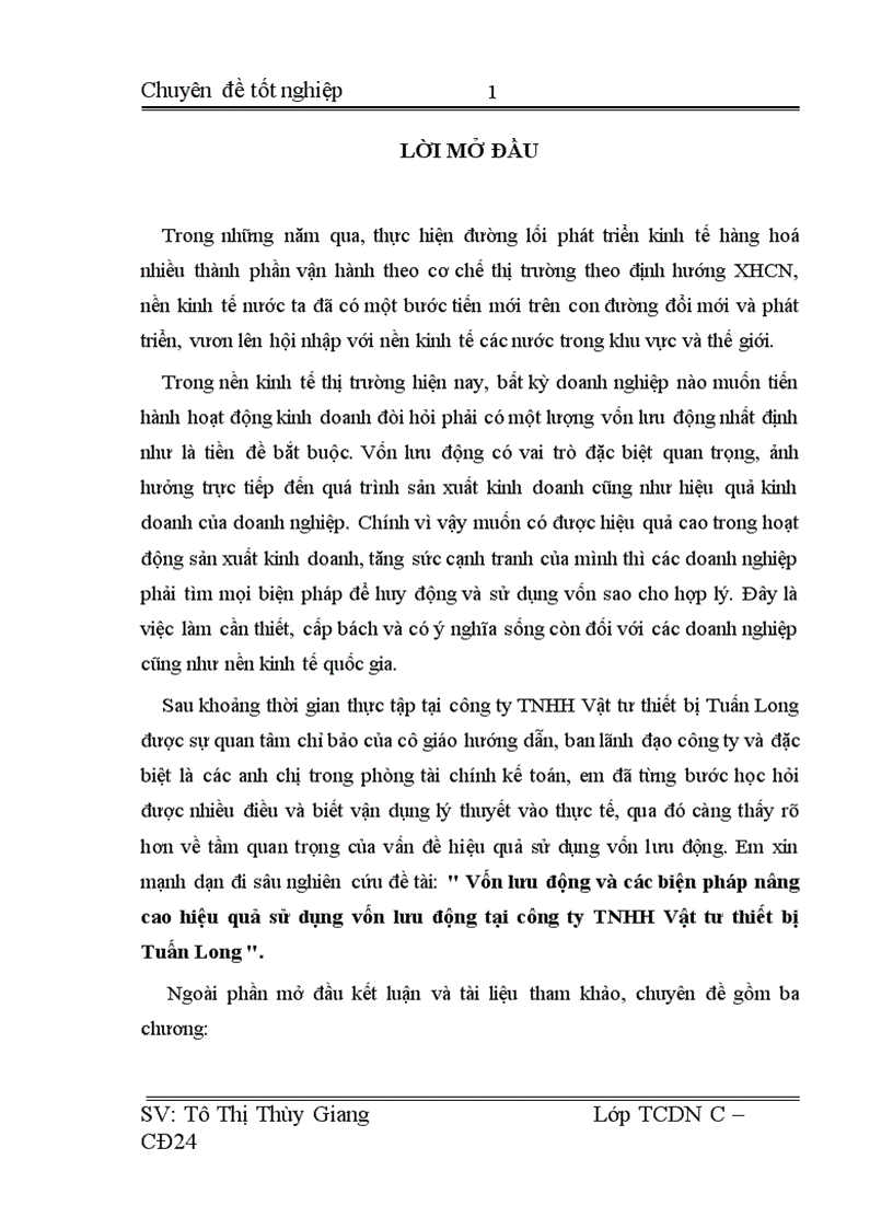 Vốn lưu động và các biện pháp nâng cao hiệu quả sử dụng vốn lưu động tại công ty TNHH Vật tư thiết bị Tuấn Long 1