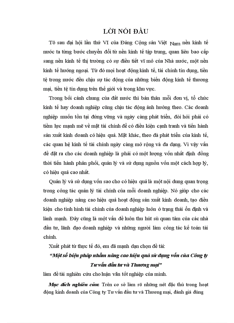 Một số biện pháp nhằm nâng cao hiệu quả sử dụng vốn của Công ty Tư vấn đầu tư và Thương mại 1