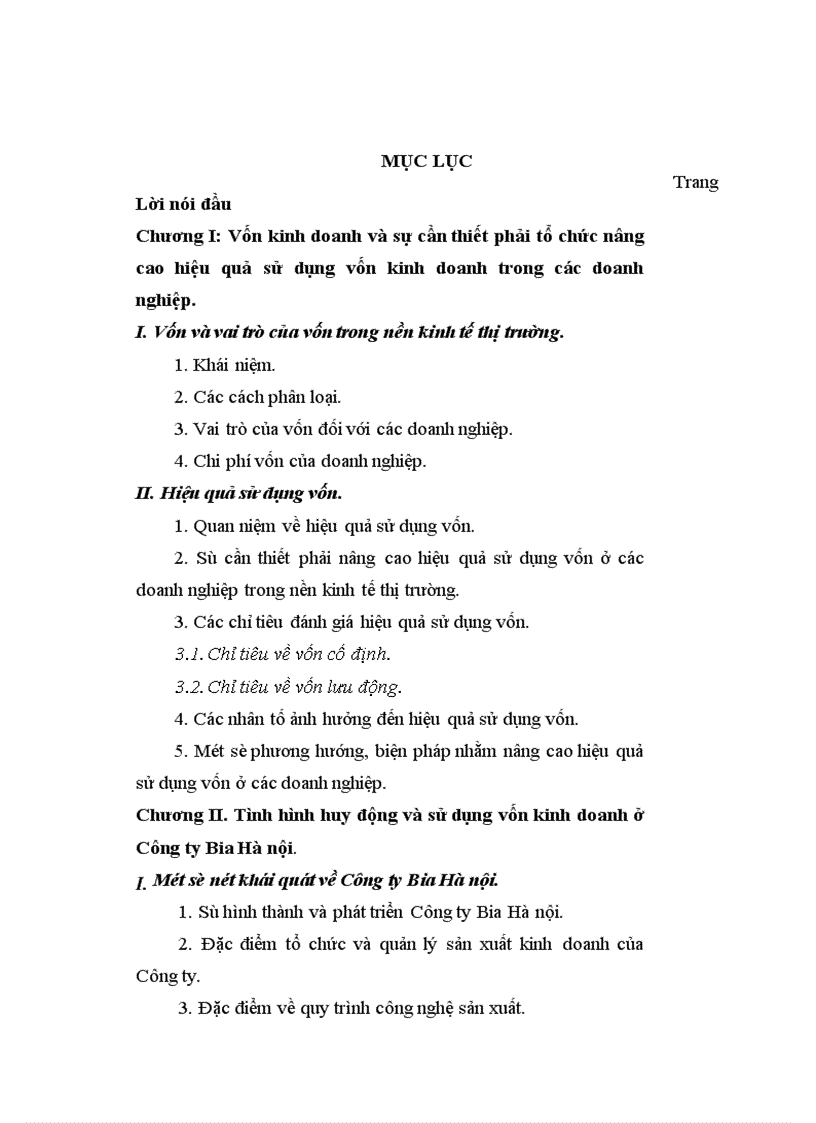 Vốn kinh doanh và các biện pháp nâng cao hiệu quả sử dụng vốn kinh doanh tại Công ty Bia Hà nội 1