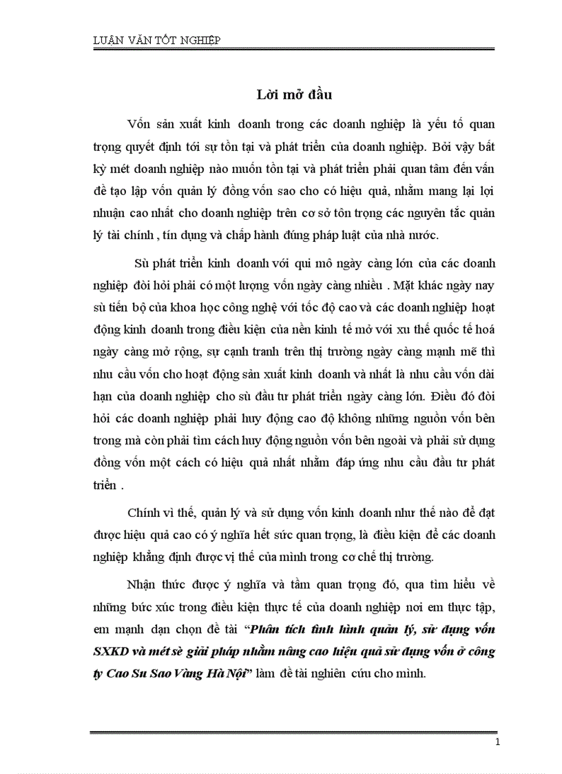 Phân tích tình hình quản lý sử dụng vốn SXKD và một số giải pháp nhằm nâng cao hiệu quả sử dụng vốn ở công ty Cao Su Sao Vàng Hà Nội