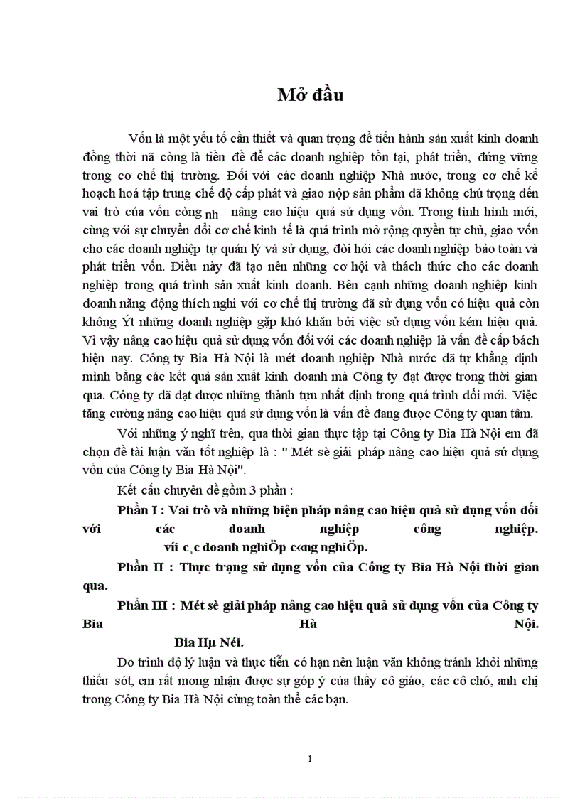 Một số giải pháp nâng cao hiệu quả sử dụng vốn của Công ty Bia Hà Nội 1
