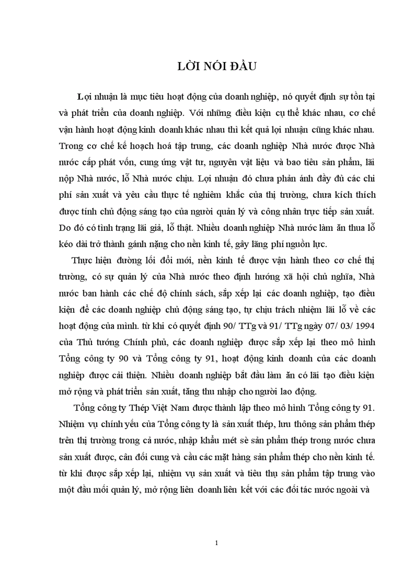 Phân tích lợi nhuận và một số giải pháp nhằm nâng cao lợi nhuận trong sản xuất kinh doanh tại Tổng công ty Thép Việt Nam 1