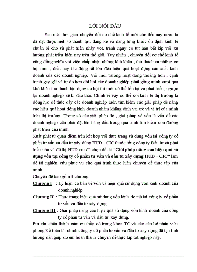 Giải pháp nâng cao hiệu quả sử dụng vốn tại công ty cổ phần tư vấn và đầu tư xây dựng HUD CIC 1