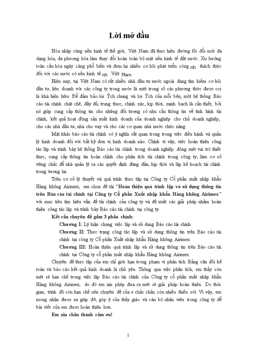 Hoàn thiện quá trình lập và sử dụng thông tin trên Báo cáo tài chính tại Công ty Cổ phần Xuất nhập khẩu Hàng không Airimex 1