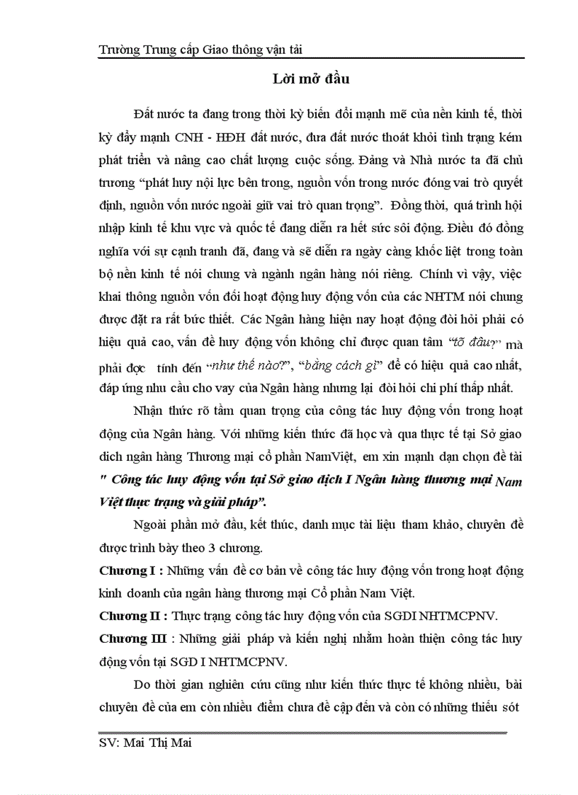 Công tác huy động vốn tại Sở giao dịch I Ngân hàng thương mại Nam Việt thực trạng và giải pháp