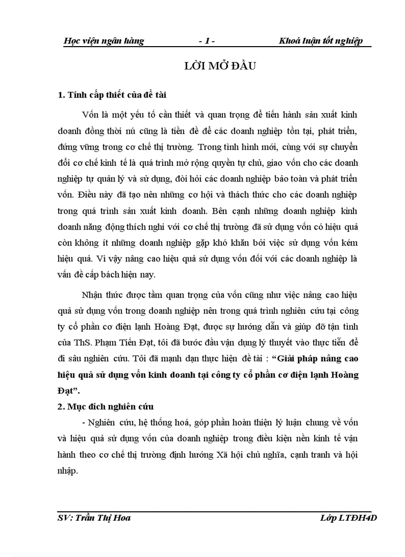 Giải pháp nâng cao hiệu quả sử dụng vốn kinh doanh tại công ty cổ phần cơ điện lạnh Hoàng Đạt 1