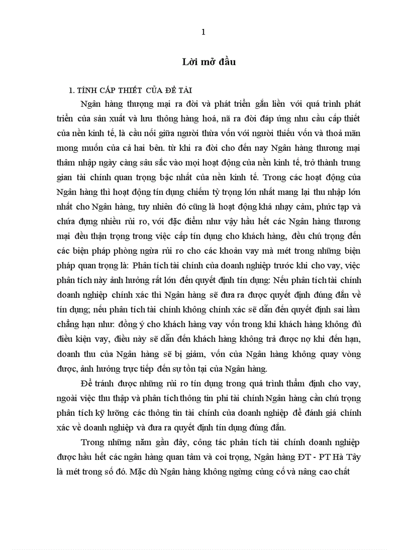 Một số giải pháp hoàn thiện công tác phân tích tài chính doanh nghiệp phục vụ cho hoạt động tín dụng tại Ngân hàng ĐT PT Hà Tây