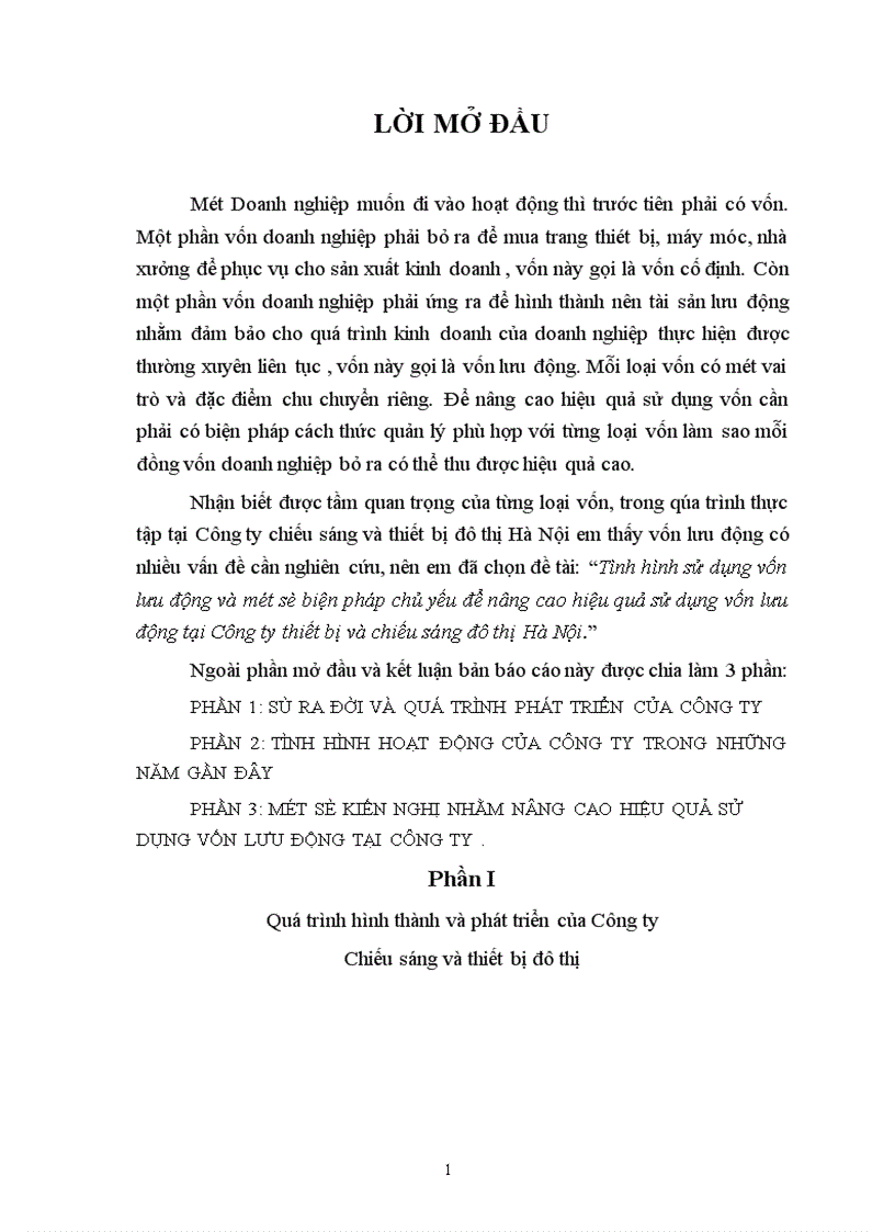 Tình hình sử dụng vốn lưu động và một số biện pháp chủ yếu để nâng cao hiệu quả sử dụng vốn lưu động tại Công ty thiết bị và chiếu sáng đô thị Hà Nội 1